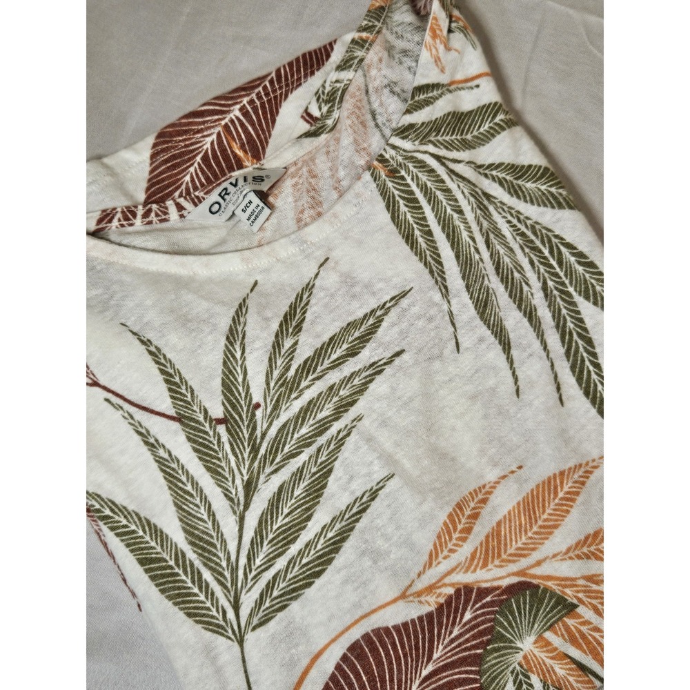 Orvis Classic Collection Womens Small Tropical Leaf Print Slub Knit Top White